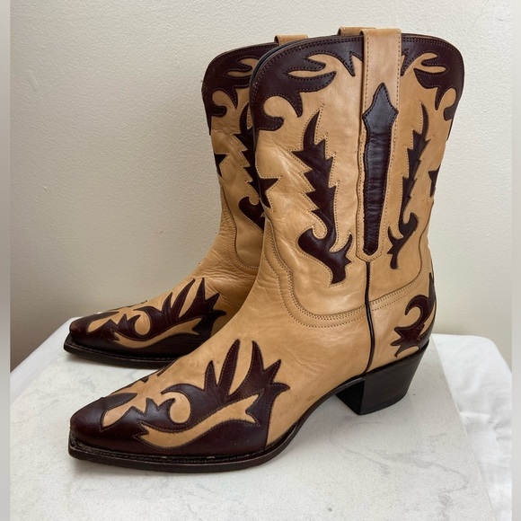 Vintage Charlie Horse by Lucchese Western Flame Two Tone Leather Cowboy Boots 8 - Picture 6 of 15